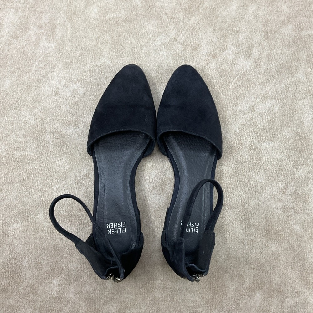 Eileen Fisher Heels 7.5 Sandals Ankle Strap Block Black Suede Vero Cuoio Career - Picture 2 of 13